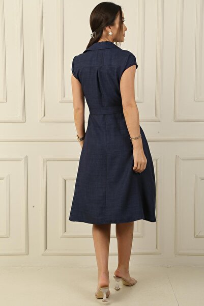 By Saygı Front Buttoned Waist Belted Pocketed Linen Effect Dress