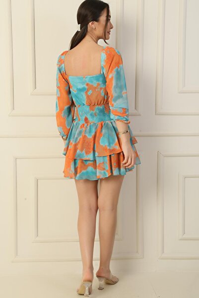 By Saygı Square Collar Waist Lined Abstract Pattern Layered Chiffon Dress