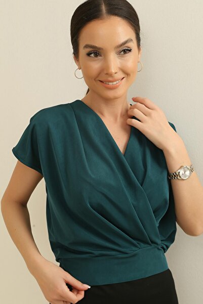 By Saygı Double Breasted Collar Crystal Fabric Sleeveless Blouse