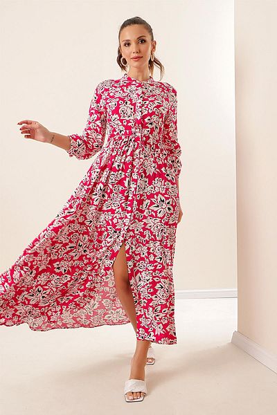 By Saygı Floral Long Viscose Dress with Button Front Lace up Waist