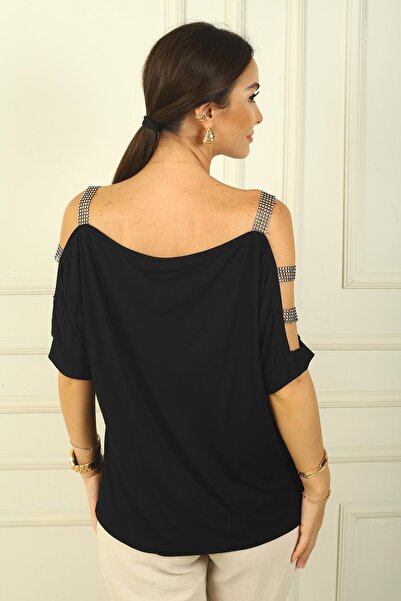 By Saygı Bluză de damă cu mâneci cu dungi de piatră, decoltată, cu croiala confortabilă