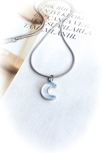 roshel Steel Silver Color Thin Chain Moon Embossed Steel Necklace