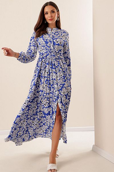 By Saygı Floral Long Viscose Dress with Button Front Lace up Waist