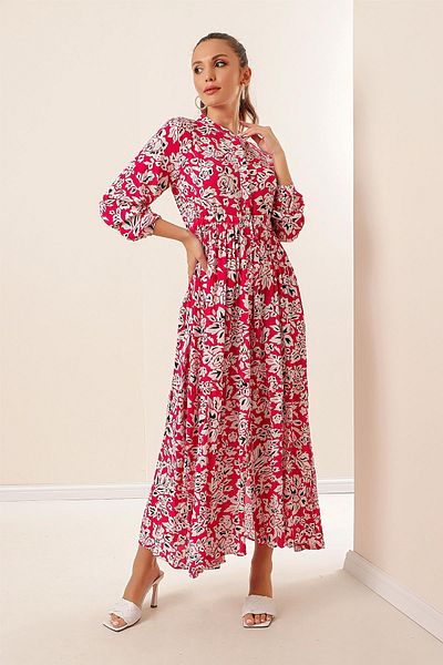 By Saygı Floral Long Viscose Dress with Button Front Lace up Waist