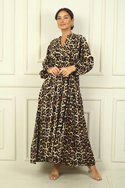 By Saygı Half Buttoned Front Elastic Sleeve Leopard Pattern Printed Hijab Long Dress