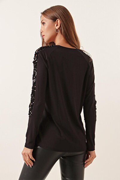 By Saygı V Neck Sleeves Laser Sequin Relaxed Fit Lycra Blouse