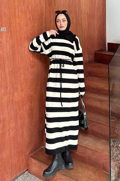 lamelif Black Striped Peter Pan Collar Knitwear Dress