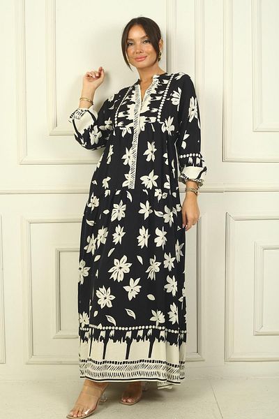 By Saygı Front Half Buttoned Sleeve Flower Pattern Elastic Printed Hijab Long Dress