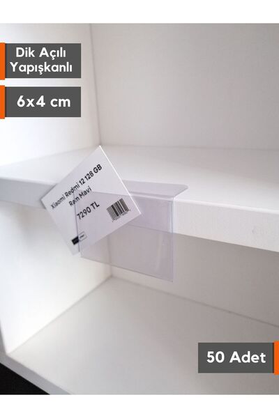 Şeffaf Etiket 50 Adet PVC Yapışkanlı Etiketlik Dik Açılı 6x4 cm Raflar için E...