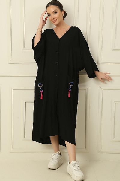By Saygı V-Neck Tassel Double Pocket Embroidered Oversize Comfortable Fit Long Viscose Dress