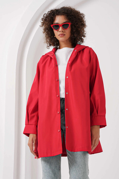 hazelin Kadın Kırmızı Çıt Çıt Kapamalı Astarlı Kuşaklı Kapüşonlu Trençkot HZL25W-BD159341