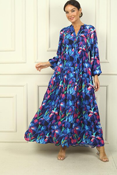 By Saygı Rochie lungă hijab cu jumătate de nasture în față cu mâneci elastice imprimate