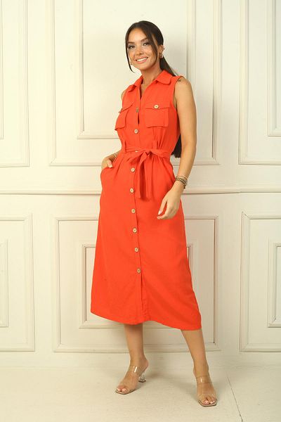 By Saygı Front Button Waist Belt Pocket Safari Model Linen Effect Dress