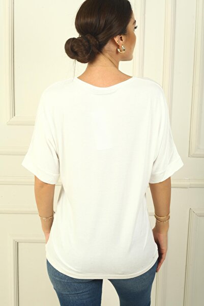 By Saygı Women's Pyramid Stone Short Sleeve Wide Fit Blouse