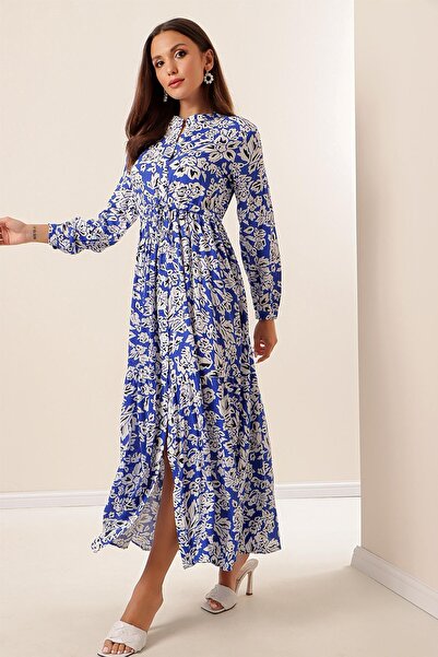 By Saygı Floral Long Viscose Dress with Button Front Lace up Waist