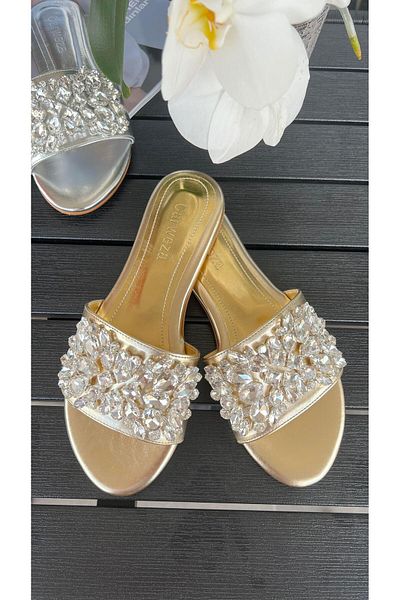 carweza Vox Gold - Glass Stone Detailed Flat Slippers