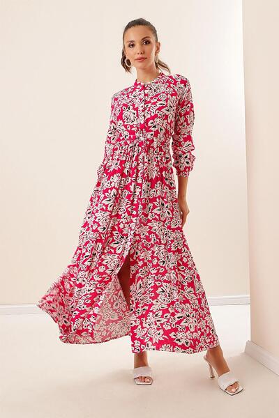 By Saygı Floral Long Viscose Dress with Button Front Lace up Waist
