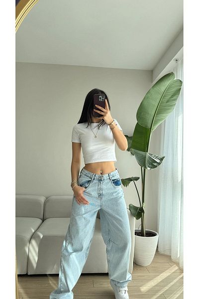 Trn JNS Laura Light Snow Wash Cataramă Detaliată Loose Fit Picioare largi Casual Baggy Jean Jeans Pantaloni largi pentru femei