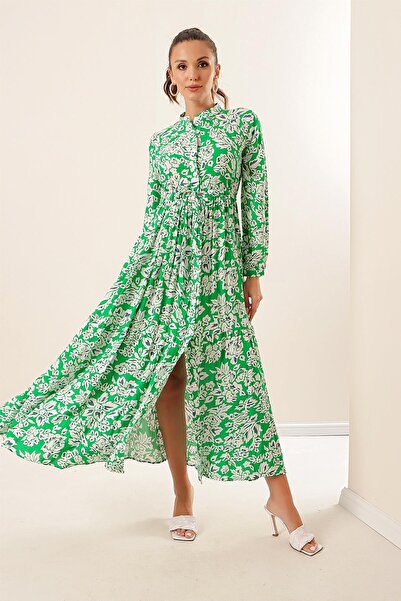 By Saygı Floral Long Viscose Dress with Button Front Lace up Waist