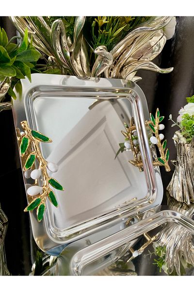 atabey home collection قطعتان من صينية الزيتون الخضراء الفضية - صينية القهوة والشاي