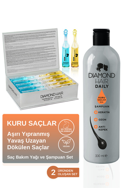 DIAMOND HAIR Kuru Saç Tipleri İçin Nem Dolduran Şampuan ve Saç Bakım Yağı Seti