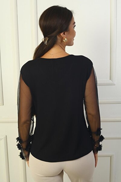 By Saygı 3D Floral Print Women's Blouse - Tulle Sleeve and Strawberry