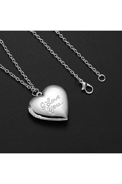 İYİ MODA I Love You Written Silver Color Heart Patterned Heart Necklace with Openable Cover