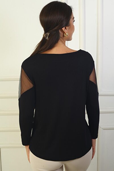 By Saygı Women's Strawberry Blouse with Asymmetric Cut and Tulle Detail