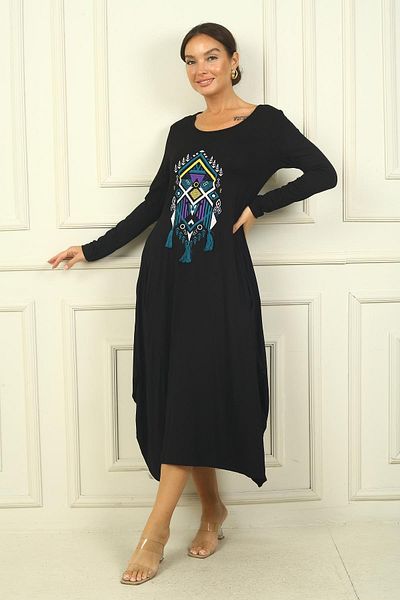 By Saygı Rochie lungă din viscoză pentru femei - Potrivire confortabilă, cu broderie în față și buzunare