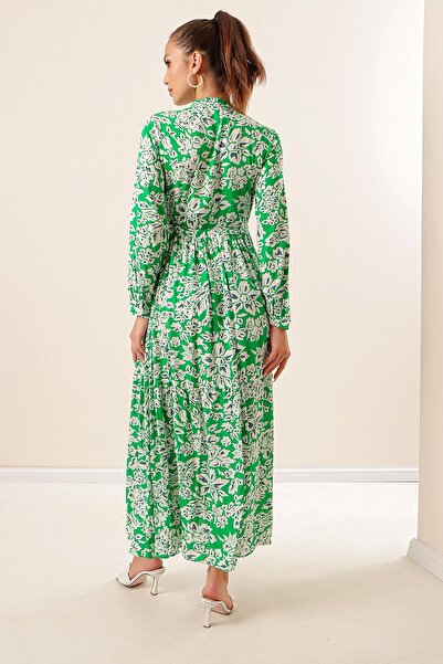 By Saygı Floral Long Viscose Dress with Button Front Lace up Waist