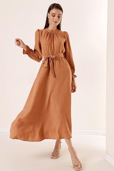 By Saygı Rochie lunga cu efect de in, cu talie cu curea si buzunare laterale
