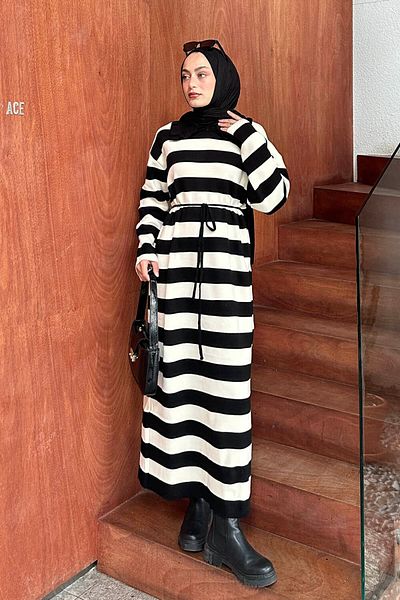 lamelif Black Striped Peter Pan Collar Knitwear Dress