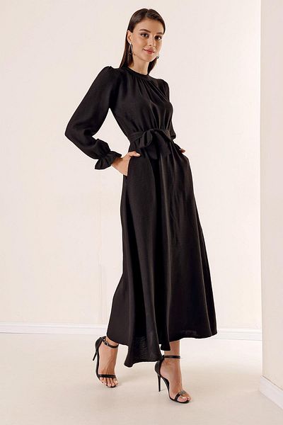 By Saygı Rochie lunga cu efect de in, cu talie cu curea si buzunare laterale