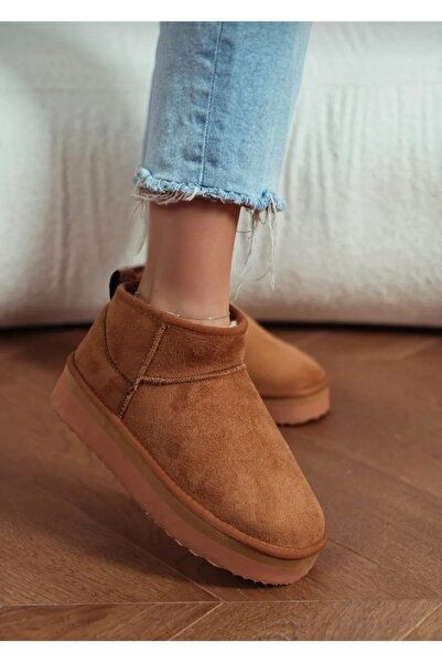 Özkan Ayakkabı Mini Taba Süet Yarım Bot İçi Tüylü Düz Taban Kadın Ayakkabı