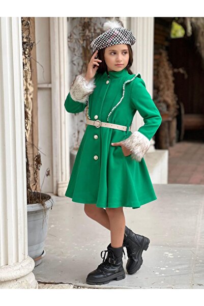 Uğurböceği Γούνινο μανίκι μαργαριτάρι Λεπτομερές παλτό Houndstooth Φόρεμα 4 τεμαχίων για κορίτσια