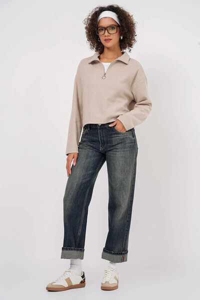 hazelin Kadın Bej Yakası Fermuarlı Örme Sweatshirt HZL25W-BD1554491