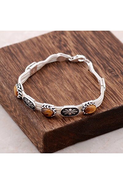 Sümer Telkari Kaplan Gözü Taşlı Midyat Hasırı Gümüş Bileklik 2372