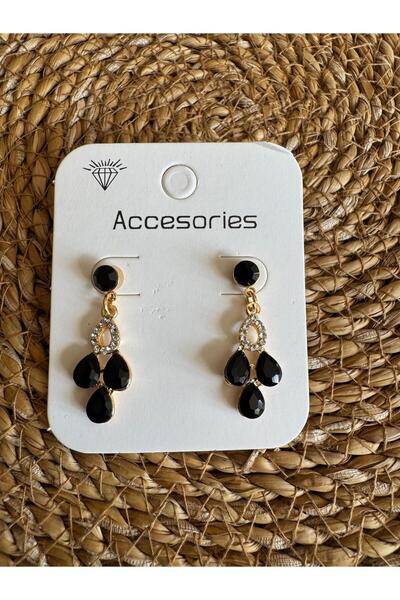 Pervin Ablacım Black Three Drop Stone Dangle Evening Dress Earrings