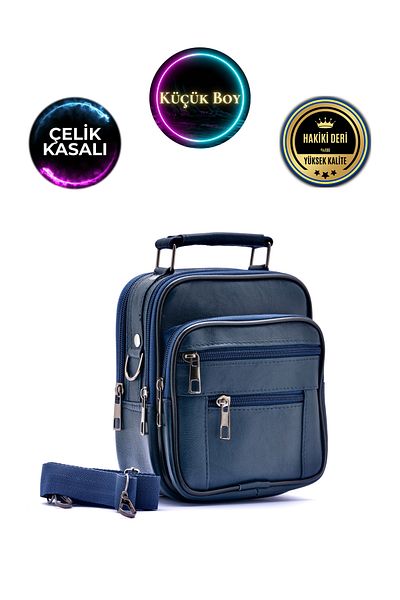 CüzCan Men's Navy Blue Steel Case Genuine Leather Hand and Shoulder Bag (Small Size)
