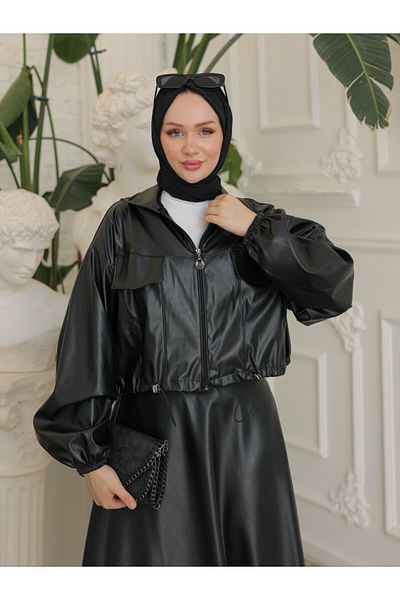 Modamorfo Lederjacke mit elastischem Bund und Reißverschluss – Schwarz