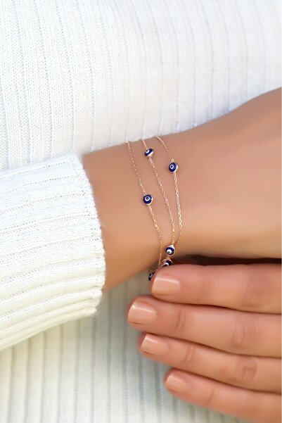 Sümer Telkari Rose Gümüş Göz Boncuklu Üç Sıralı Tasarım Bileklik 1998