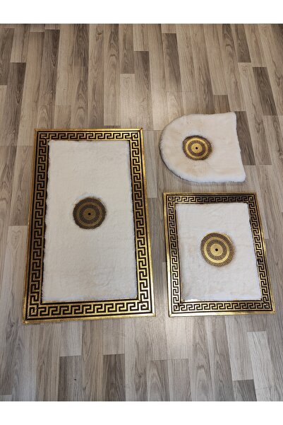 KuzeyCarpet Ekru renkli gold varaklı peluş banyo takımı