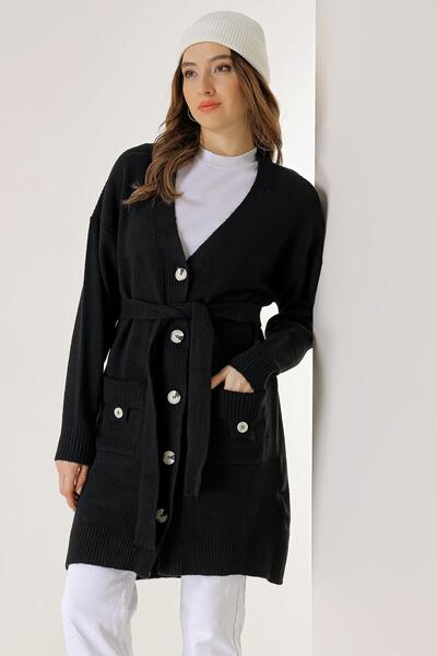 By Saygı Back Embroidered Waist Belted Long Cardigan with Pockets