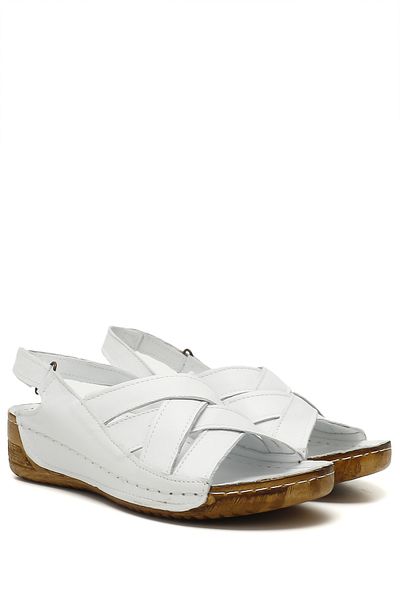 GÖNDERİ(R) Women / Girls White Gön Genuine Leather Women's Wedge Sandals 42310