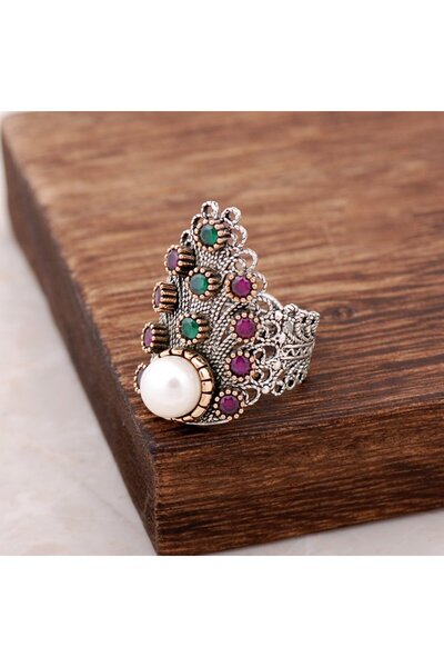 Sümer Telkari İnci Taşlı Telkari Işlemeli Gümüş Yüzük 2491