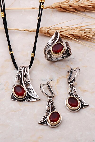 Sümer Telkari Yakut Taşlı Elişi Tasarım Gümüş Set 1989