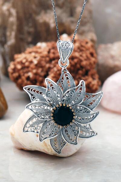 Sümer Telkari Telkari Işlemeli Safir Taşlı Tasarım Gümüş Kolye 3888