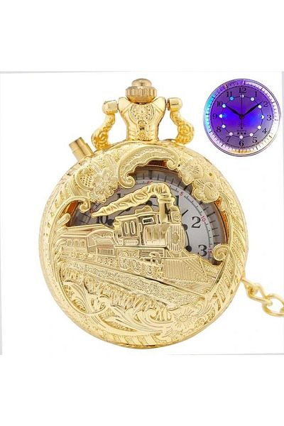 STİLLOVE Gold Pocket Watch with Chain and Lighted Train Theme Sl7149