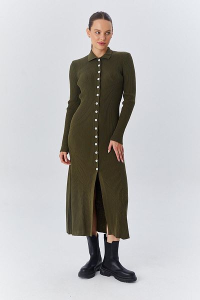 Mixray 6890 Μοντέλο Χακί Πλεκτό Γυναικείο Φόρεμα Polo Neck - με κουμπιά