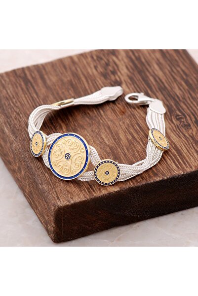 Sümer Telkari Mineli Altın Yaldızlı El Örmesi Midyat Hasırı Gümüş Bileklik 2357